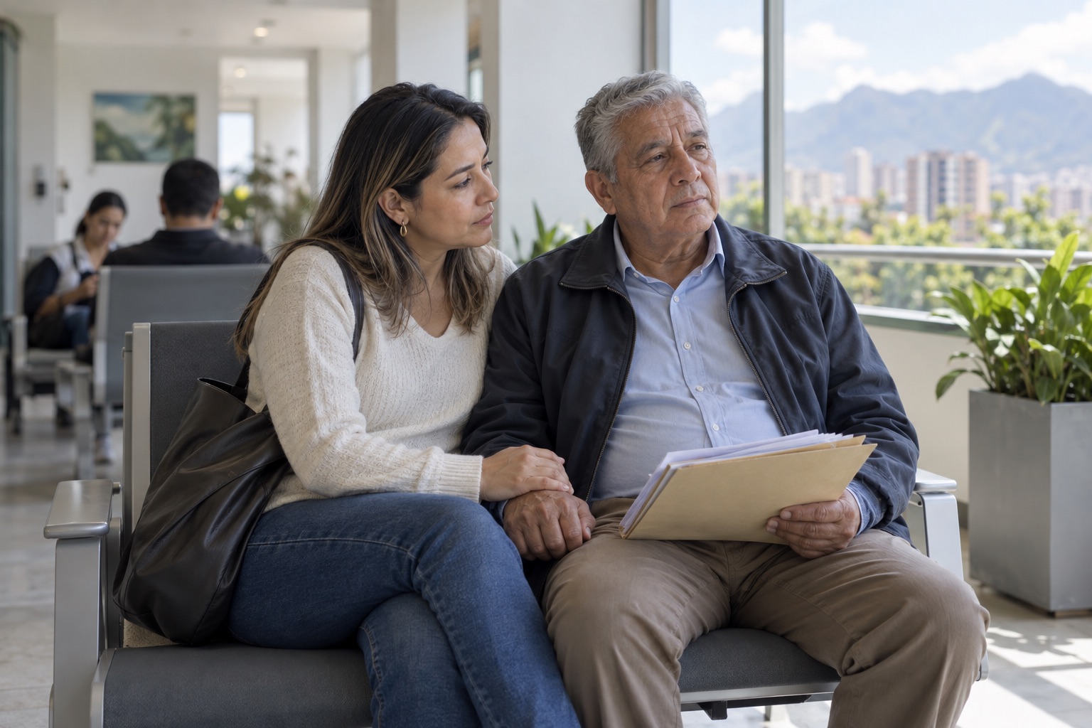 Hija acompaña a su padre en una clínica mientras revisan documentos