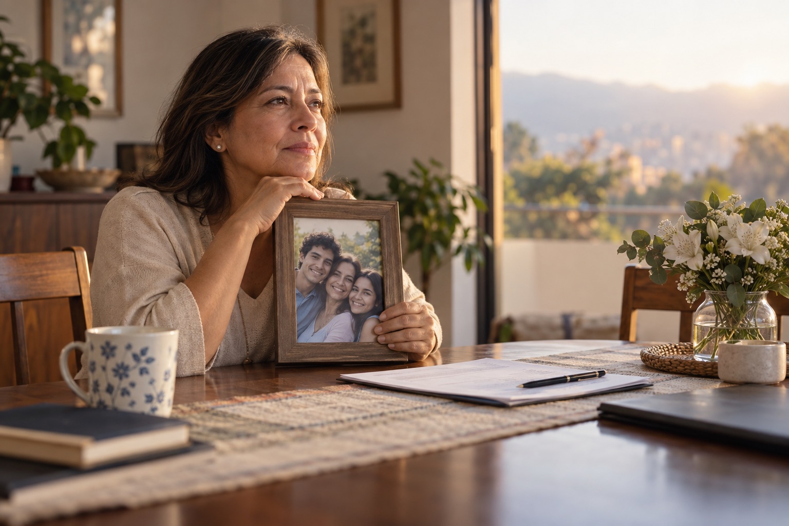 Mujer recuerda a un familiar mientras organiza documentos en casa