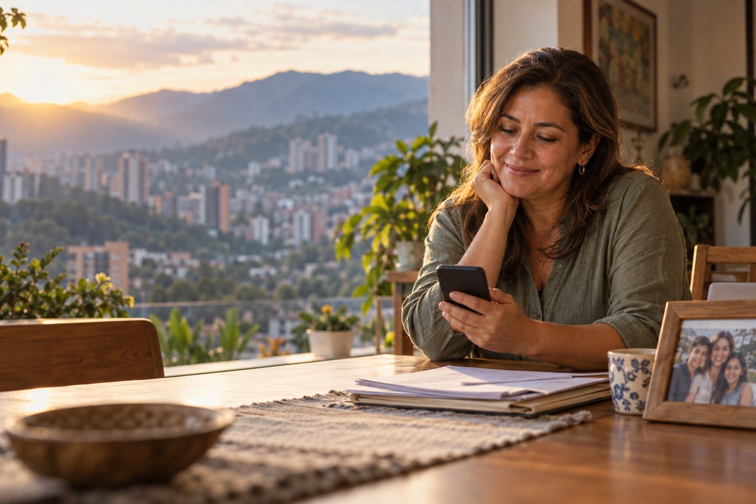 Mujer en su casa sonríe al ver en el celular el dinero de un seguro