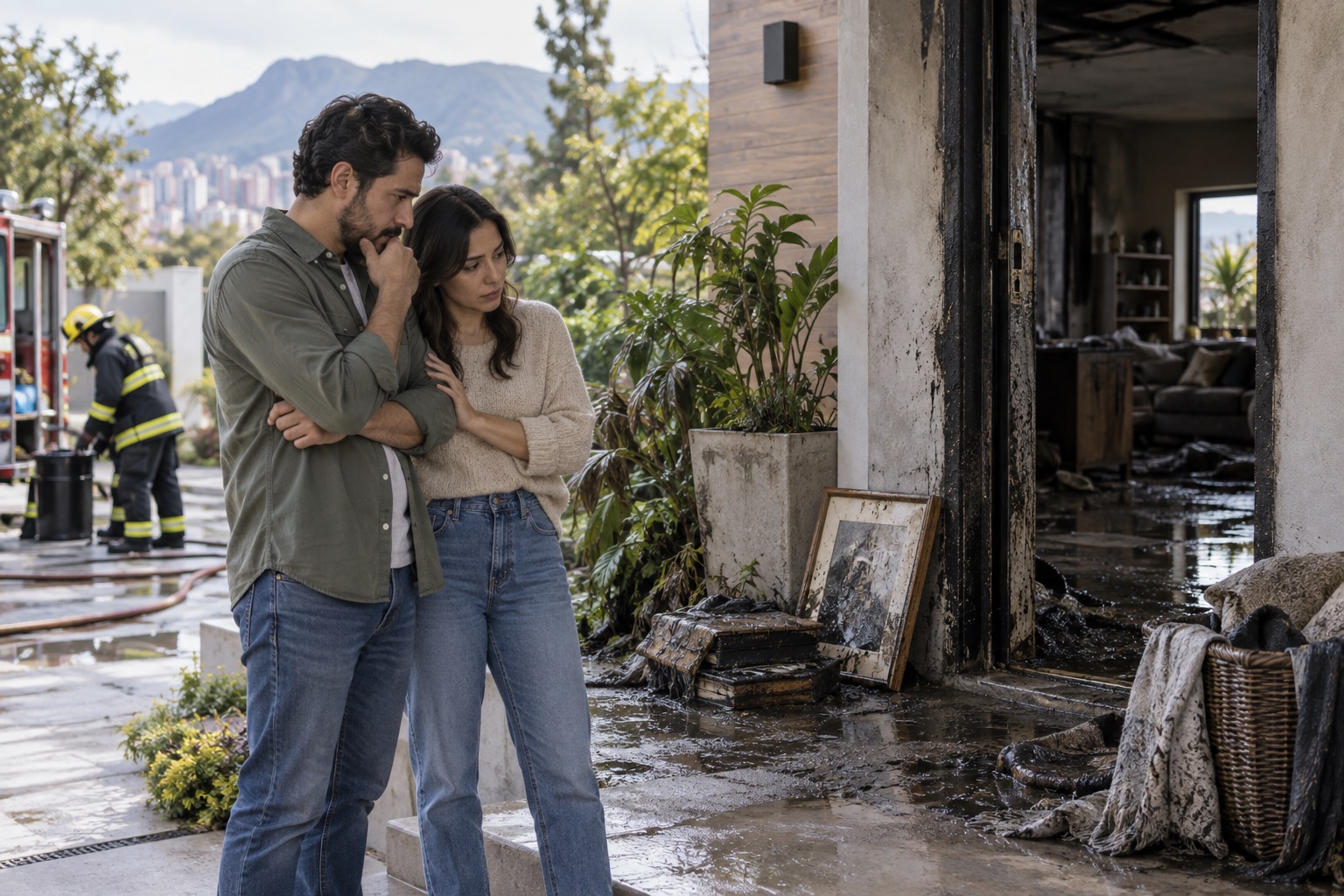 Pareja observa los daños de su vivienda después de una emergencia